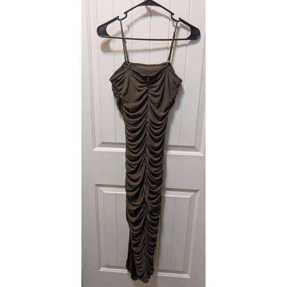 Women's Revamped Olive Green Mesh Bodycon Ruched Maxi Slimming Dress Size 2 - Picture 4 of 9